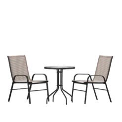 Emma And Oliver Three Piece Patio Table Set With Round Metal Frame Table With Tempered Glass Top And Two Flex Comfort Stacking Chairs -Crosley Sales Store GUEST 0318e892 1869 4938 9939 19727957b8f7