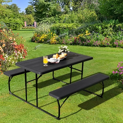 Costway Folding Picnic Table & Bench Set For Camping BBQ W/ Steel Frame White/Balck 1 Costway Folding Picnic Table & Bench Set For Camping BBQ W/ Steel Frame White/Balck