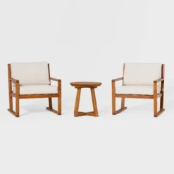 Saracina Home 3pc Modern Slat-Back Acacia Outdoor Conversation Set With Cushions -Crosley Sales Store GUEST 051bd24b e509 42d0 a30a 0bac2d263977