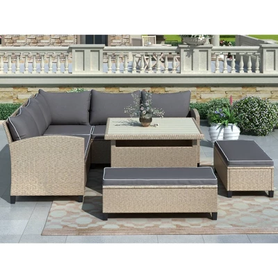 6pc Wicker Patio Set With Benches - Brown/Gray - GODEER 3 6pc Wicker Patio Set With Benches - Brown/Gray - GODEER - Image 3