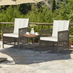 Costway Patiojoy 3PCS Patio Rattan Furniture Set Cushioned Sofas Wood Table Top W/Shelf