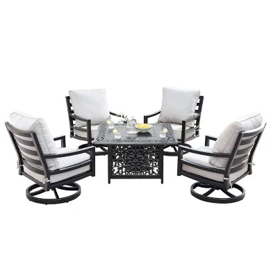 5pc Outdoor Dining Set With 42" Aluminum Square Damask Design Fire Table & Deep Seating Swivel Rocking Chairs - Oakland Living 1 5pc Outdoor Dining Set With 42" Aluminum Square Damask Design Fire Table & Deep Seating Swivel Rocking Chairs - Oakland Living