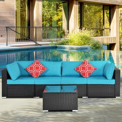 5pc Wicker Patio Sectional Seating Set With Cushions - Espresso/Blue - GODEER 1 5pc Wicker Patio Sectional Seating Set With Cushions - Espresso/Blue - GODEER