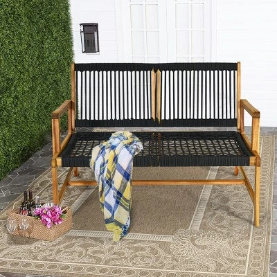 Tangkula 2-Person Outdoor Acacia Wood Bench Patio Loveseat Rope Bench Turquoise/Black 1 Tangkula 2-Person Outdoor Acacia Wood Bench Patio Loveseat Rope Bench Turquoise/Black