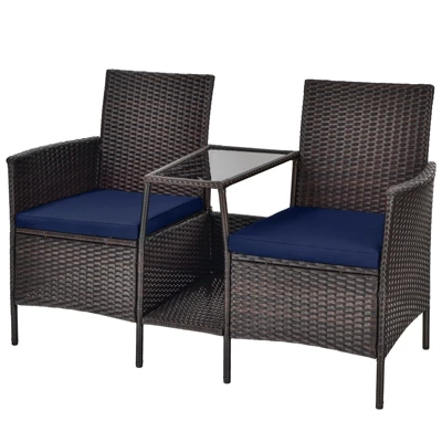 Tangkula Patio Loveseat 2 Person Cushioned Seats With Center Table Outdoor Rattan Furniture Set Turquoise/ Red 9 Tangkula Patio Loveseat 2 Person Cushioned Seats With Center Table Outdoor Rattan Furniture Set Turquoise/ Red - Image 9