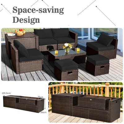 Tangkula 9PCS Outdoor Patio Furniture Set With 30" Propane Fire Pit Table PE Wicker Space-Saving Sectional Sofa Set W/ Storage Box & Cushions 7 Tangkula 9PCS Outdoor Patio Furniture Set With 30" Propane Fire Pit Table PE Wicker Space-Saving Sectional Sofa Set W/ Storage Box & Cushions - Image 7