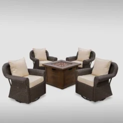 Venti 5pc Wicker Swivel Club Chairs And Fire Pit - Dark Brown/Beige - Christopher Knight Home