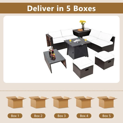 Tangkula 9PCS Outdoor Patio Furniture Set With 30" Propane Fire Pit Table PE Wicker Space-Saving Sectional Sofa Set W/ Storage Box & Cushions 3 Tangkula 9PCS Outdoor Patio Furniture Set With 30" Propane Fire Pit Table PE Wicker Space-Saving Sectional Sofa Set W/ Storage Box & Cushions - Image 3