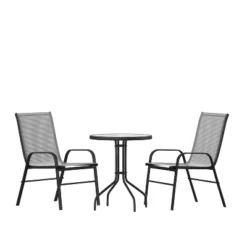Emma And Oliver Three Piece Patio Table Set With Round Metal Frame Table With Tempered Glass Top And Two Flex Comfort Stacking Chairs -Crosley Sales Store GUEST 200bc9fa 227b 4129 8151 8a327f71ba99