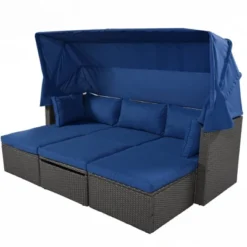4pc Outdoor Wicker Rectangle Daybed With Canopy & Cushions - Blue - GODEER -Crosley Sales Store GUEST 2035c42f a9f0 44e3 b975 a57e86f63d48