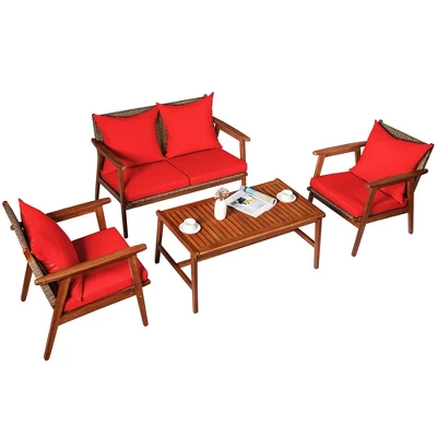 Costway 4PCS Patio Rattan Furniture Set Acacia Wood Frame Cushioned Sofa Chair 9 Costway 4PCS Patio Rattan Furniture Set Acacia Wood Frame Cushioned Sofa Chair - Image 9