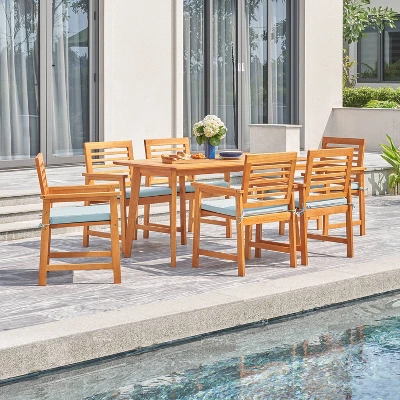 Waimea 7pc Honey Slatted Eucalyptus Wood Patio Dining Set With Cushions - Vifah 1 Waimea 7pc Honey Slatted Eucalyptus Wood Patio Dining Set With Cushions - Vifah