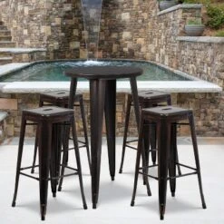 Emma And Oliver Commercial Grade 24" Round Metal Indoor-Outdoor Bar Table Set, 4 Backless Stools