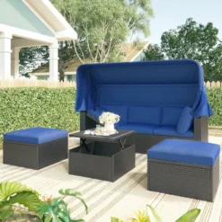 4pc Outdoor Wicker Rectangle Daybed With Canopy & Cushions - Blue - GODEER