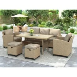6pc Outdoor Wicker Conversation Set With Arm Chairs, Sofa, Ottomans & Coffee Table - Brown - GODEER -Crosley Sales Store GUEST 32350390 f05a 498b 833b 079d2641525a