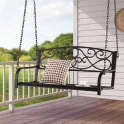 Tangkula Patio Hanging Porch Swing Outdoor 2-Person Metal Swing Bench Chair W/ Chains