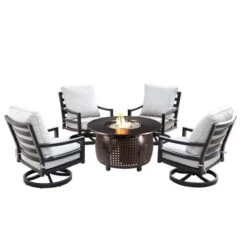 5pc Outdoor Fire Table Set With Weave 44" Round Fire Table, 4 Deep Seating Swivel Rocking Chairs & Table Fabric Covers - Oakland Living