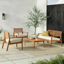 New Release 21 Saracina Home 4pc Mid-Century Modern Slatted Acacia Outdoor Patio Conversation Furniture Set