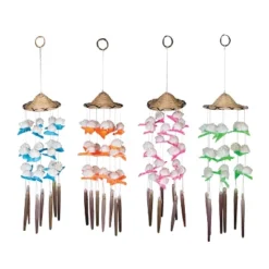 Beachcombers Cornball Shell Wind Chime Coconut Top And Burnt Tropical Flower Design Bamboo Pieces Coastal Decor Decorations 3 X 13 X 3 Inches.