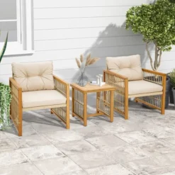 Costway 3PCS Patio PE Wicker Conversation Set Acacia Wood Frame WithSeat & Back Cushions