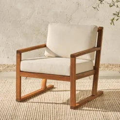 Saracina Home Modern Slat-Back Acacia Outdoor Arm Chair With Cushions