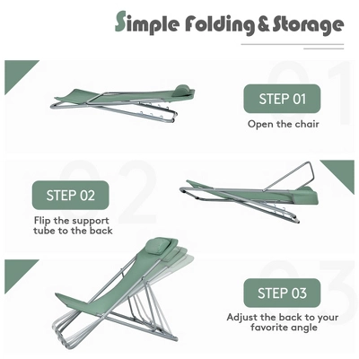 Costway Set Of 2 Beach Chair Portable 3-Position Lounge Chair W/ Headrest BlueGreenOrange 6 Costway Set Of 2 Beach Chair Portable 3-Position Lounge Chair W/ Headrest BlueGreenOrange - Image 6