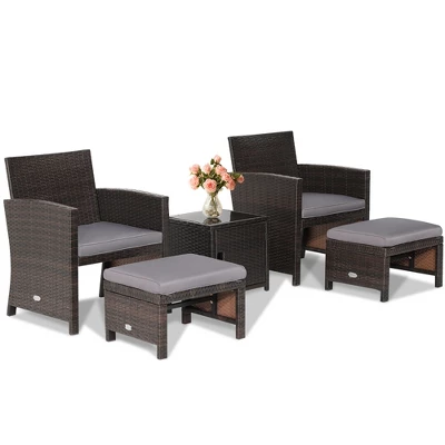 Costway 5PCS Patio Rattan Furniture Set Ottoman Cushioned W/Cover Space Saving Off White/Gray/Red/Turquoise 2 Costway 5PCS Patio Rattan Furniture Set Ottoman Cushioned W/Cover Space Saving Off White/Gray/Red/Turquoise - Image 2