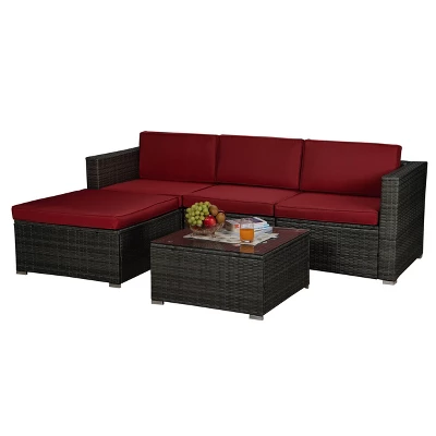 5pc Rattan Wicker Outdoor Conversation Set - Gray/Red - GODEER 4 5pc Rattan Wicker Outdoor Conversation Set - Gray/Red - GODEER - Image 4