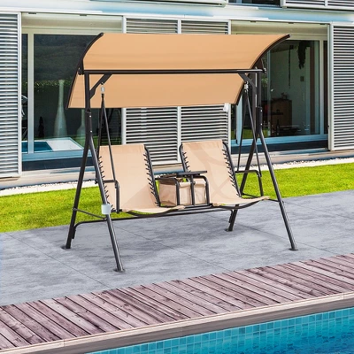 Outsunny 2 Person Covered Porch Swing With Pivot Storage Table, Cup Holder, & Adjustable Overhead Canopy 1 Outsunny 2 Person Covered Porch Swing With Pivot Storage Table, Cup Holder, & Adjustable Overhead Canopy