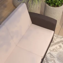Merrick Lane Outdoor Furniture Resin Sofa Chocolate Brown Faux Rattan Wicker Pattern Patio 3-Seat Sofa With All-Weather Beige Cushions 16 Merrick Lane Outdoor Furniture Resin Sofa Chocolate Brown Faux Rattan Wicker Pattern Patio 3-Seat Sofa With All-Weather Beige Cushions -Crosley Sales Store GUEST 5b573cb1 804a 4d88 86d1 e6829f56b906