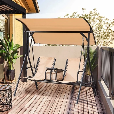 Outsunny 2 Person Covered Porch Swing With Pivot Storage Table, Cup Holder, & Adjustable Overhead Canopy 2 Outsunny 2 Person Covered Porch Swing With Pivot Storage Table, Cup Holder, & Adjustable Overhead Canopy - Image 2