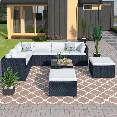 9pc Wicker Patio Set With Cushions - Black/Beige - GODEER 2 9pc Wicker Patio Set With Cushions - Black/Beige - GODEER - Image 2