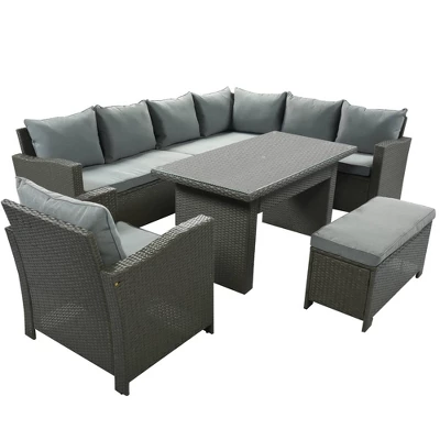 6pc Outdoor Set With Loveseats, Sofa, Chair, Bench & Coffee Table - Gray - GODEER 2 6pc Outdoor Set With Loveseats, Sofa, Chair, Bench & Coffee Table - Gray - GODEER - Image 2