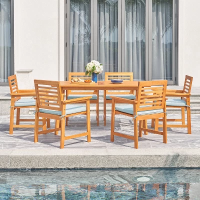 Waimea 7pc Honey Slatted Eucalyptus Wood Patio Dining Set With Cushions - Vifah 2 Waimea 7pc Honey Slatted Eucalyptus Wood Patio Dining Set With Cushions - Vifah - Image 2