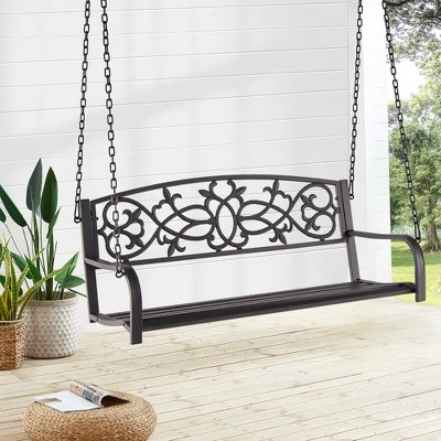 Costway 2-Person Metal Outdoor Porch Swing Hanging Patio Bench 485 Lbs Capacity BlackBrown 11 Costway 2-Person Metal Outdoor Porch Swing Hanging Patio Bench 485 Lbs Capacity BlackBrown - Image 11