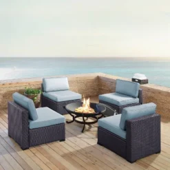 Biscayne 5pc Outdoor Wicker Conversation Set With 4 Armless Chairs & Fire Pit - Mist - Crosley