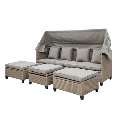4pc Outdoor Adjustable Wicker Sectional Set With Canopy & Table - GODEER 18 4pc Outdoor Adjustable Wicker Sectional Set With Canopy & Table - GODEER - Image 18
