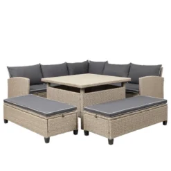 6pc Wicker Patio Set With Benches - Brown/Gray - GODEER 21 6pc Wicker Patio Set With Benches - Brown/Gray - GODEER -Crosley Sales Store GUEST 6e661c15 7650 4090 987d 681896c146ea
