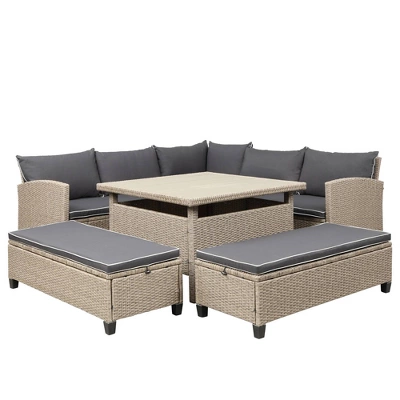 6pc Wicker Patio Set With Benches - Brown/Gray - GODEER 5 6pc Wicker Patio Set With Benches - Brown/Gray - GODEER - Image 5