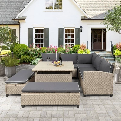 6pc Wicker Patio Set With Benches - Brown/Gray - GODEER 1 6pc Wicker Patio Set With Benches - Brown/Gray - GODEER