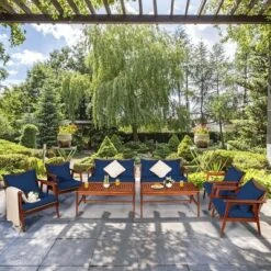 Costway 8PCS Patio Rattan Furniture Set Acacia Wood Frame Cushioned Sofa Chair RedNavy -Crosley Sales Store GUEST 7132b9f9 b519 4f5f bdab 7f8b6c4bf2c8