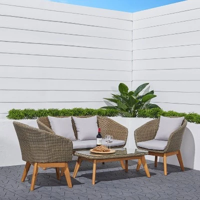 Grayton 4pc Rustic All-Weather Patio Wood And Wicker Conversation Set - Light Gray - Vifah 1 Grayton 4pc Rustic All-Weather Patio Wood And Wicker Conversation Set - Light Gray - Vifah