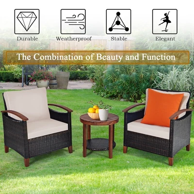 Costway 3PCS Patio Wicker Sofa Set Acacia Wood Frame With Beige &Turquoise Cushion Covers 5 Costway 3PCS Patio Wicker Sofa Set Acacia Wood Frame With Beige &Turquoise Cushion Covers - Image 5
