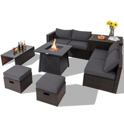 Tangkula 9PCS Outdoor Patio Furniture Set With 30" Propane Fire Pit Table PE Wicker Space-Saving Sectional Sofa Set W/ Storage Box & Cushions 11 Tangkula 9PCS Outdoor Patio Furniture Set With 30" Propane Fire Pit Table PE Wicker Space-Saving Sectional Sofa Set W/ Storage Box & Cushions - Image 11