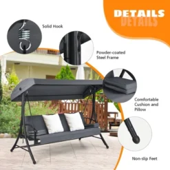 Costway Patio 3-Seat Porch Canopy Swing Converting Grey Cushion Pillow Adjust -Crosley Sales Store GUEST 783047e0 a74b 4a6d 8382 1407261817c4