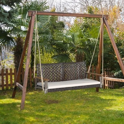 Tangkula 2-Seat Rattan Porch Swing Chair Outdoor Wicker Swing Bench W/ Seat Cushion 2 Tangkula 2-Seat Rattan Porch Swing Chair Outdoor Wicker Swing Bench W/ Seat Cushion - Image 2