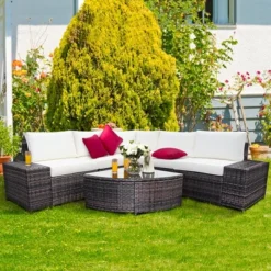 Costway 6PCS Rattan Furniture Set Conversation Cushioned Sofa Armrest Garden TurquoiseWhite -Crosley Sales Store GUEST 7978489e a1b6 4bd9 849f 3b946b489e7a