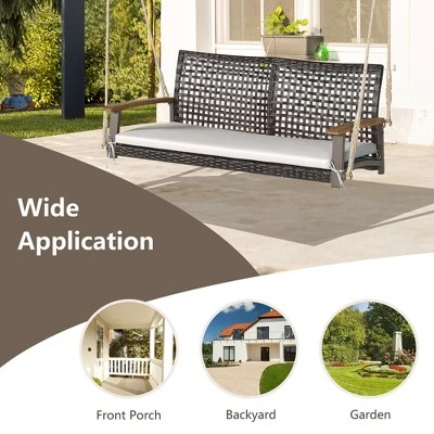 Tangkula 2-Seat Rattan Porch Swing Chair Outdoor Wicker Swing Bench W/ Seat Cushion 6 Tangkula 2-Seat Rattan Porch Swing Chair Outdoor Wicker Swing Bench W/ Seat Cushion - Image 6