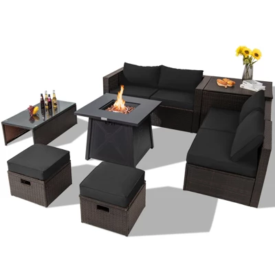 Tangkula 9PCS Outdoor Patio Furniture Set With 30" Propane Fire Pit Table PE Wicker Space-Saving Sectional Sofa Set W/ Storage Box & Cushions 10 Tangkula 9PCS Outdoor Patio Furniture Set With 30" Propane Fire Pit Table PE Wicker Space-Saving Sectional Sofa Set W/ Storage Box & Cushions - Image 10