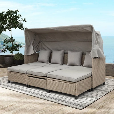 4pc Outdoor Adjustable Wicker Sectional Set With Canopy & Table - GODEER 1 4pc Outdoor Adjustable Wicker Sectional Set With Canopy & Table - GODEER